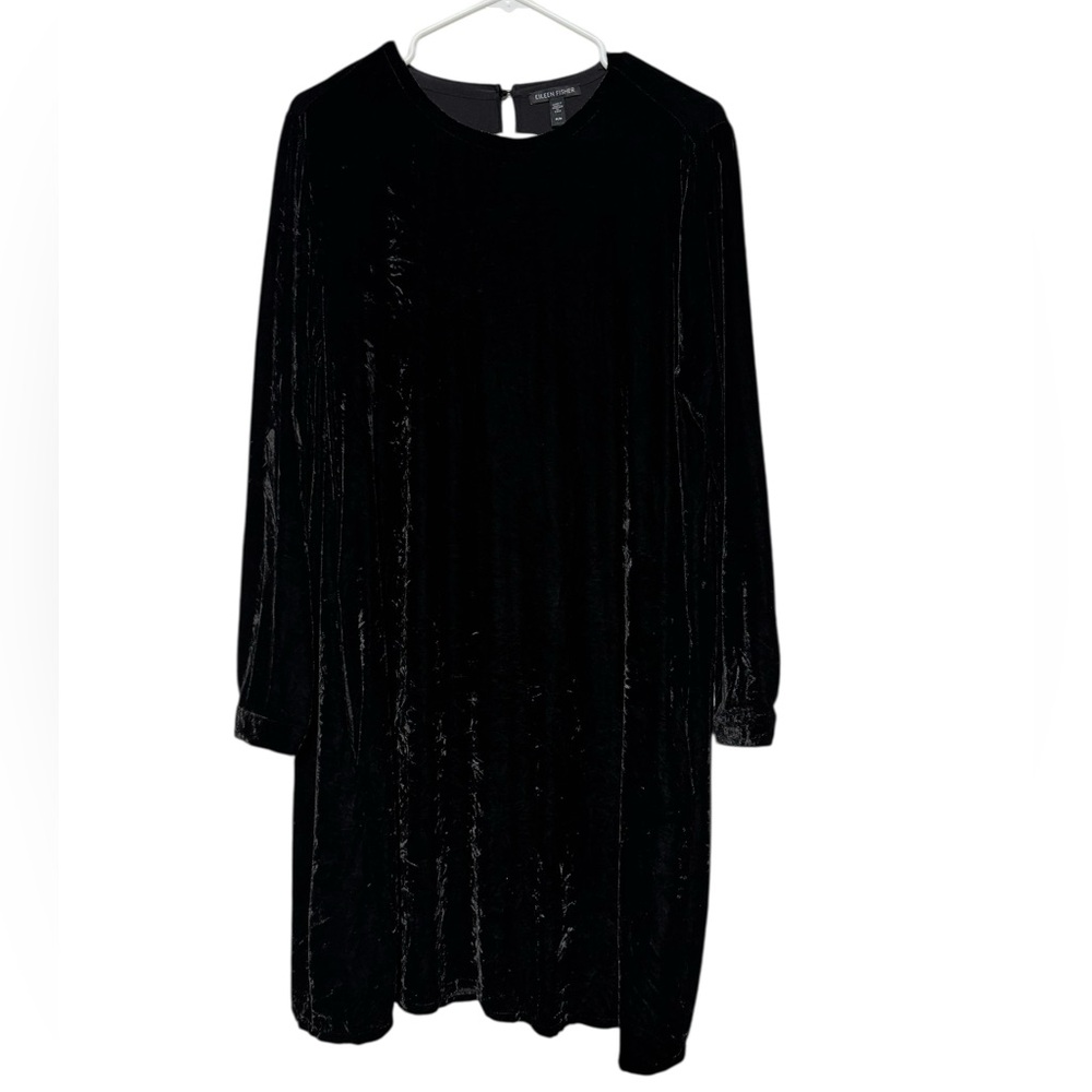 Eileen Fisher Silk Velvet Crew Neck Shift Dress‎ Black Size M Holiday Gothic